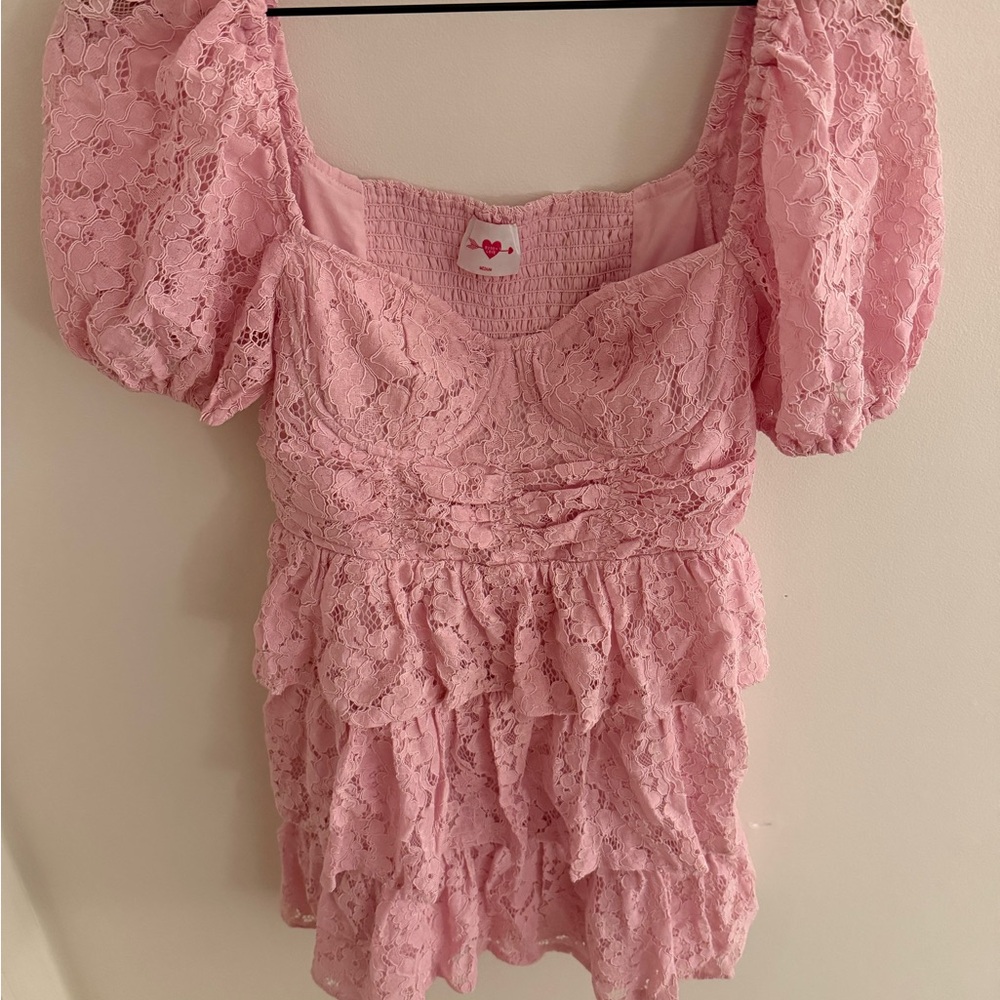 Pink Lace Puff Sleeve Dress